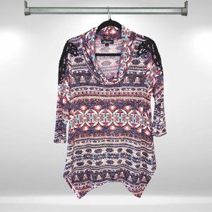 Absolutely Famous Blue & Orange Aztec Cowl Neck Knit Sweater, Lace Shoulders